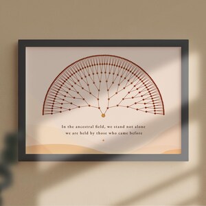 Op de afbeelding: Een ingelijst afdruk met een abstract rood en goud ontwerp van een boom met takken die naar buiten reiken. De afdruk bevat de tekst "In the ancestral field, we stand not alone we are held by those who came before".