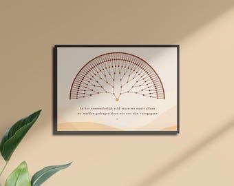 May include: A framed print with a beige background and a red tree-like design. The text in the image reads "In the wondrous field we stand we never alone. We are carried by those who have gone before us."