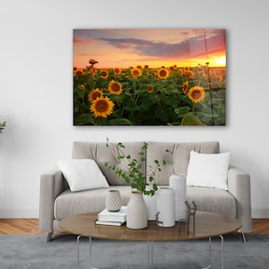 Decoración de pared de vidrio templado, arte de pared con girasoles, arte de pared con flores impresas en vidrio, arte floral para colgar en la pared, arte de pared de vidrio con puesta de sol