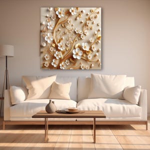 Luxury 3D Floral Glass Wall Art, Golden Blossom Glass Wall Art, Gold & White Floral Wall Decor, Modern Floral Glass Print, Mothers Day Gift