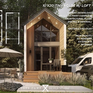 10'x20' Tiny House architectonische plattegronden, verhogingen, slaapkamer vliering, keuken, 200 m² moderne cabine plattegrond, A3-pdf 3D exterieur en 3D interieur