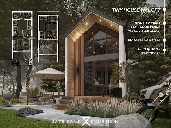 Tiny House Plan, 200 sq ft Modern Cabin, Loft Bedroom (A3 PDF)