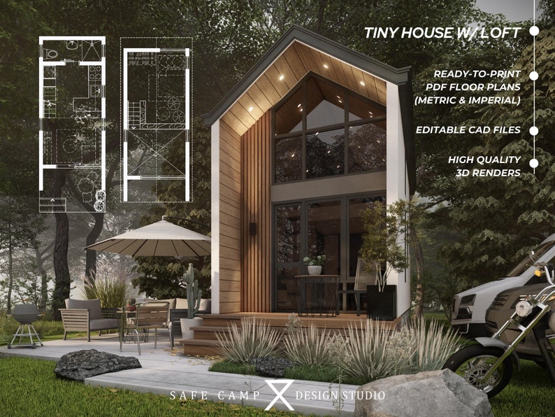 May include: A modern tiny house with a loft, featuring a black roof and large windows. The image includes floor plans and the text "TINY HOUSE W/ LOFT", "READY-TO-PRINT PDF FLOOR PLANS (METRIC & IMPERIAL)", "EDITABLE CAD FILES", and "HIGH QUALITY 3D RENDERS".