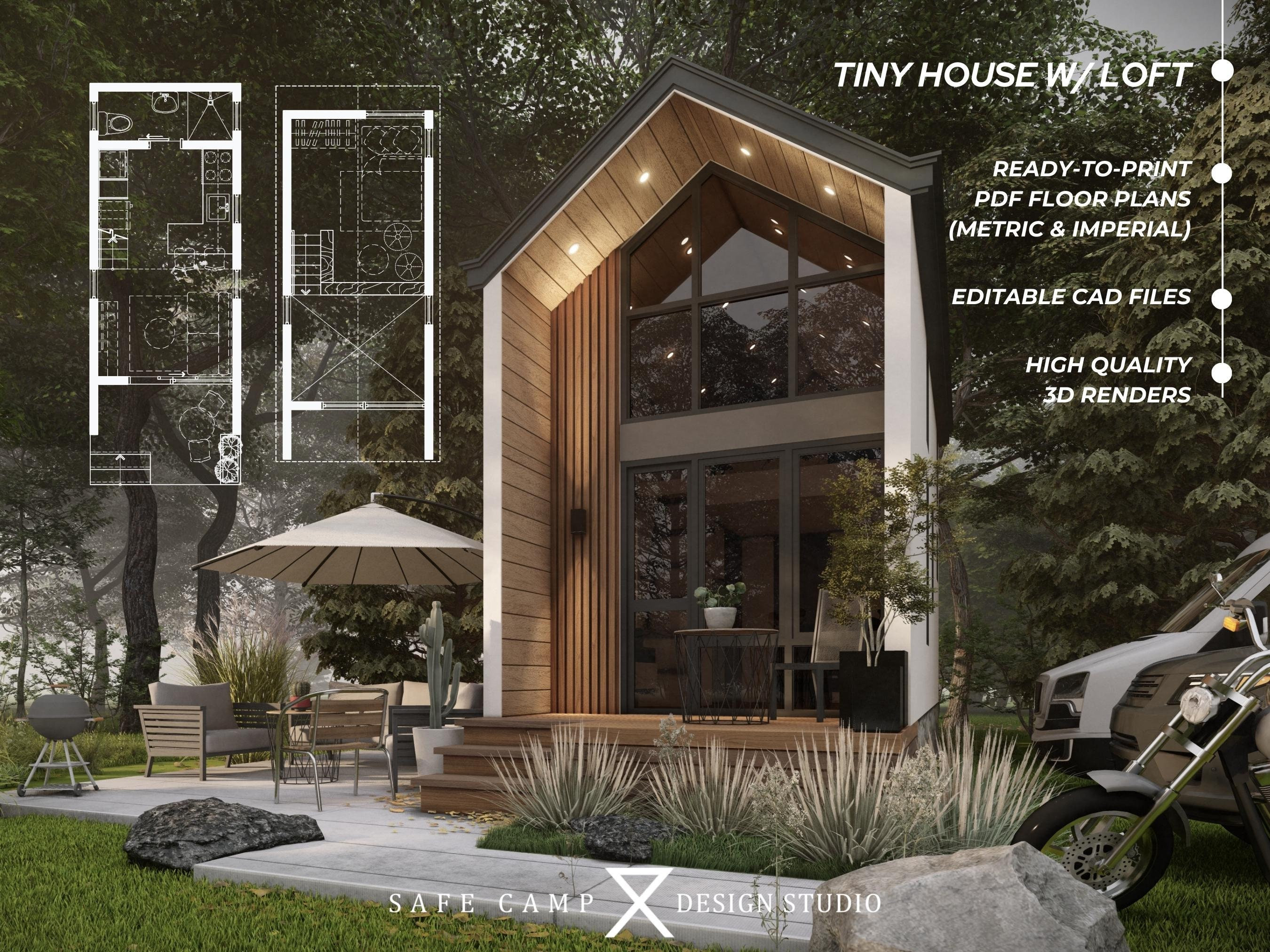 10'x20' Tiny House Architekturplan, Schlafzimmer Loft, Badezimmer, Waschküche, 200sq ft moderne Cabin Grundrisse, A3 PDF 3D Außenrendering