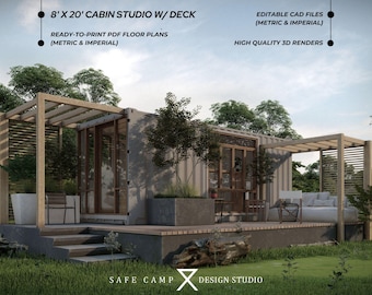 Plano arquitectónico de estudio tipo cabaña de 2,44 m x 6,1 m, área de entretenimiento, terraza, bar, cabina de furgoneta contenedor de 15,8 m², planos de planta, PDF A3, renderizado exterior 3D