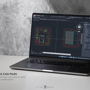 May include: A silver laptop displays architectural CAD drawings on its screen. The screen shows detailed floor plans with red and green lines. The text "EDITABLE CAD FILES" is visible at the bottom, along with the brand name.