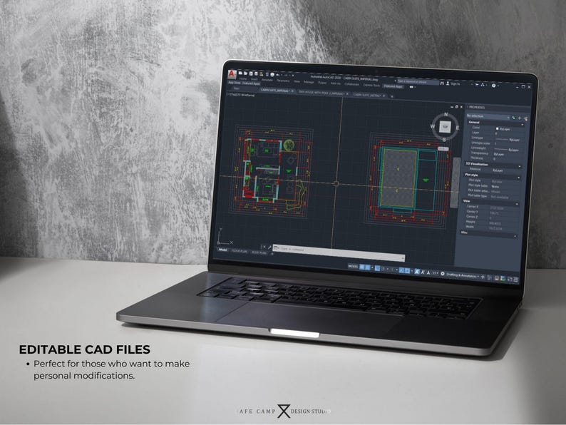 May include: A silver laptop displays architectural CAD drawings on its screen. The screen shows detailed floor plans with red and green lines. The text "EDITABLE CAD FILES" is visible at the bottom, along with the brand name.