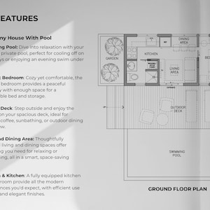 Op de afbeelding: Zwart-wit architectonische plattegrond van een tiny house met zwembad. Het plan omvat een keuken, woonkamer, slaapkamer, buitenterras en een zwembad. Tekst aan de linkerkant beschrijft de belangrijkste kenmerken.