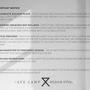 May include: A white and gray graphic with the text "IMPORTANT NOTICE" at the top. The text provides information about building plans, engineering drawings, CAD files, customization, and file access instructions. The Safe Camp Design Studio logo is at the bottom.
