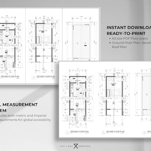 May include: Architectural blueprints featuring ground floor, second floor, and roof plans. The image includes the text "INSTANT DOWNLOAD, READY-TO-PRINT" and "DUAL MEASUREMENT SYSTEM". The plans are in A3 size PDF format and include both metric and imperial measurements.