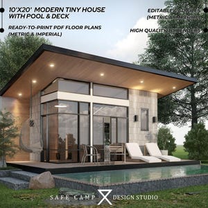 10'x20' modern Tiny House met zwembad en terras, architectonische plannen, slaapkamer, keuken, 200 m². Plattegronden moderne cabine, A3-pdf 3D-buitenrenders