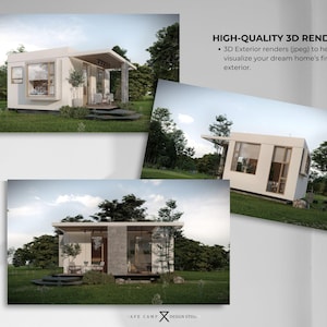 May include: Three images showcasing a modern, white cabin with large windows and a minimalist design. The cabin is set in a natural environment with trees and greenery. Text on the image reads "HIGH-QUALITY 3D RENDER" and "3D Exterior renders (jpeg) to help you visualize your dream home's finished exterior."