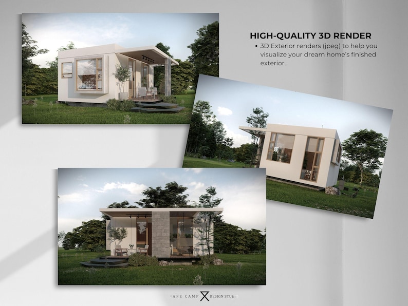 May include: Three images showcasing a modern, white cabin with large windows and a minimalist design. The cabin is set in a natural environment with trees and greenery. Text on the image reads "HIGH-QUALITY 3D RENDER" and "3D Exterior renders (jpeg) to help you visualize your dream home's finished exterior."