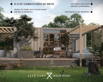 Plano arquitectónico de estudio tipo cabaña de 2,44 m x 6,1 m, área de entretenimiento, terraza, bar, contenedor de 15,7 m², planos de planta, PDF A3, exterior e interior en 3D.