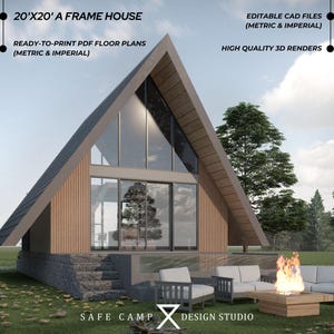 May include: A-frame house design with the text "20'X20' A FRAME HOUSE". The house has a large glass front and a wooden exterior. The image also includes the text "READY-TO-PRINT PDF FLOOR PLANS (METRIC & IMPERIAL)" and "EDITABLE CAD FILES (METRIC & IMPERIAL)".