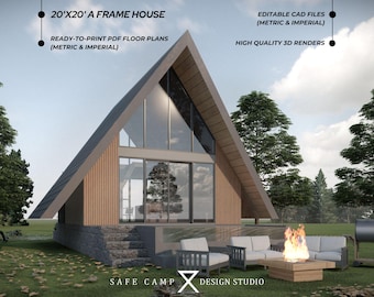 Plano de casa tipo cabaña moderna de 20'x20' con estructura en forma de A, altillo y terraza (PDF A3, archivo CAD, render 3D exterior)