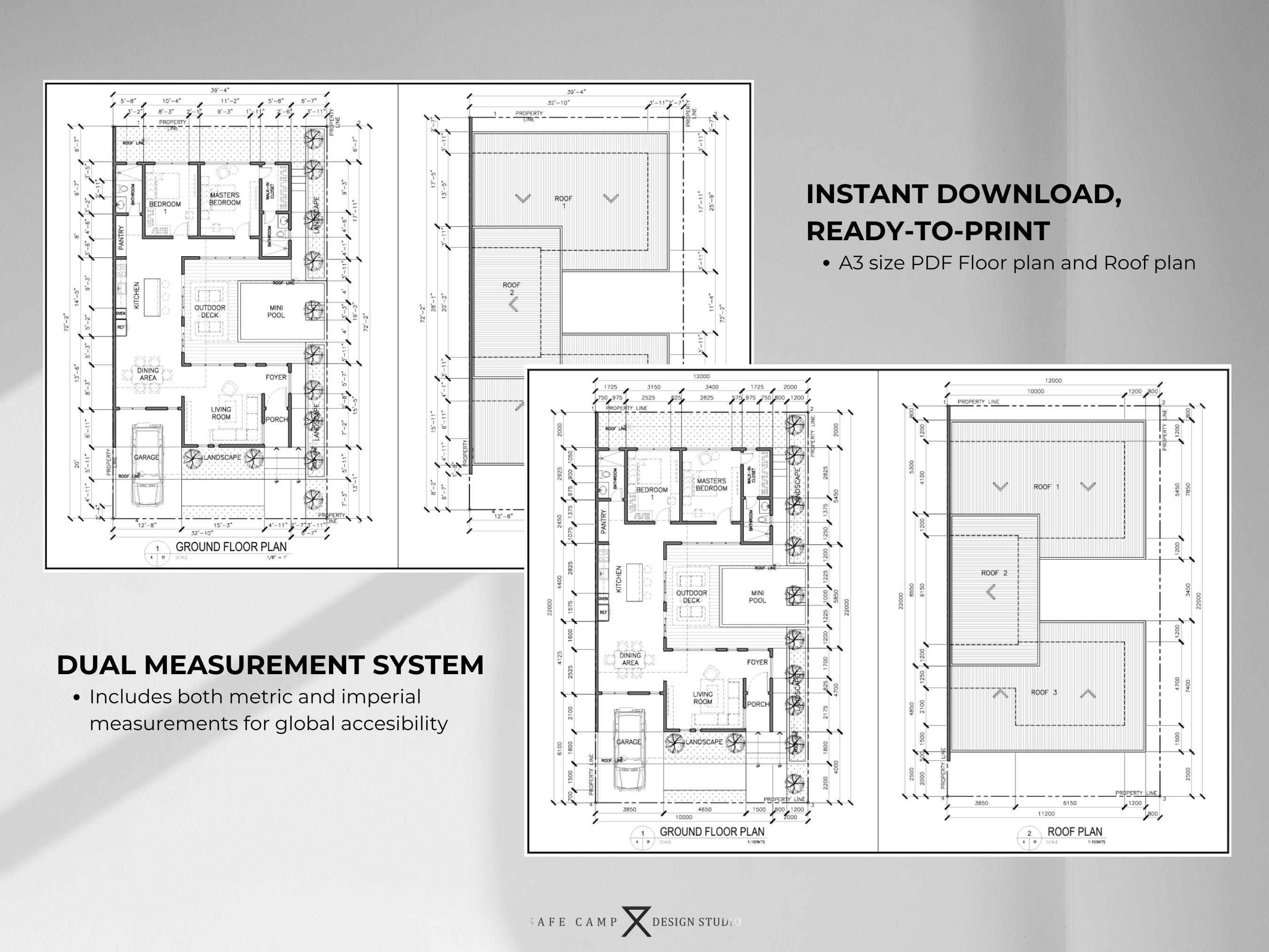 Two Bedroom Cabin Plan: Modern House With Pool & Deck (A3 PDF) - Etsy