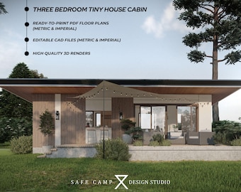 Plano arquitectónico de minicasa de tres habitaciones de 4,9 m x 9,7 m, cocina completa, minibar, terraza, plano de cabaña moderna de 38 m², exterior en PDF A3 3D.