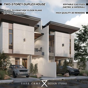 Progetto architettonico di una moderna casa duplex a due piani, 4 camere da letto, balcone, giardino, veranda, planimetrie di 4780 piedi quadrati, rendering esterno 3D in formato PDF A3
