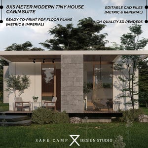 Moderne Tiny House-hutsuite van 8 x 5 m, architectonisch plan, bed en badkamer, woonkamer, dek, plattegrond moderne hut van 430 m², pdf A3, 3D-weergave buitenkant