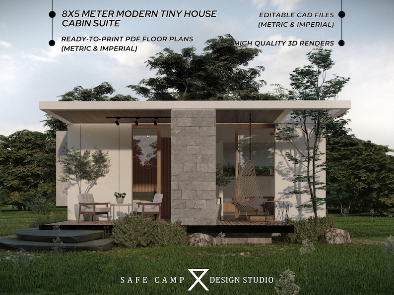 May include: A modern tiny house cabin suite with a white exterior, glass doors, and a flat roof. The image includes text that reads "8x5 meter modern tiny house cabin suite", "Ready-to-print PDF floor plans (metric & imperial)", and "High quality 3D renders".