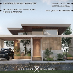 Modern architectonisch plan bungalowhuis, 2 slaapkamers, ruime keuken, tuin, veranda, plattegrond huis 958 m², A3-pdf 3D exterieurweergave