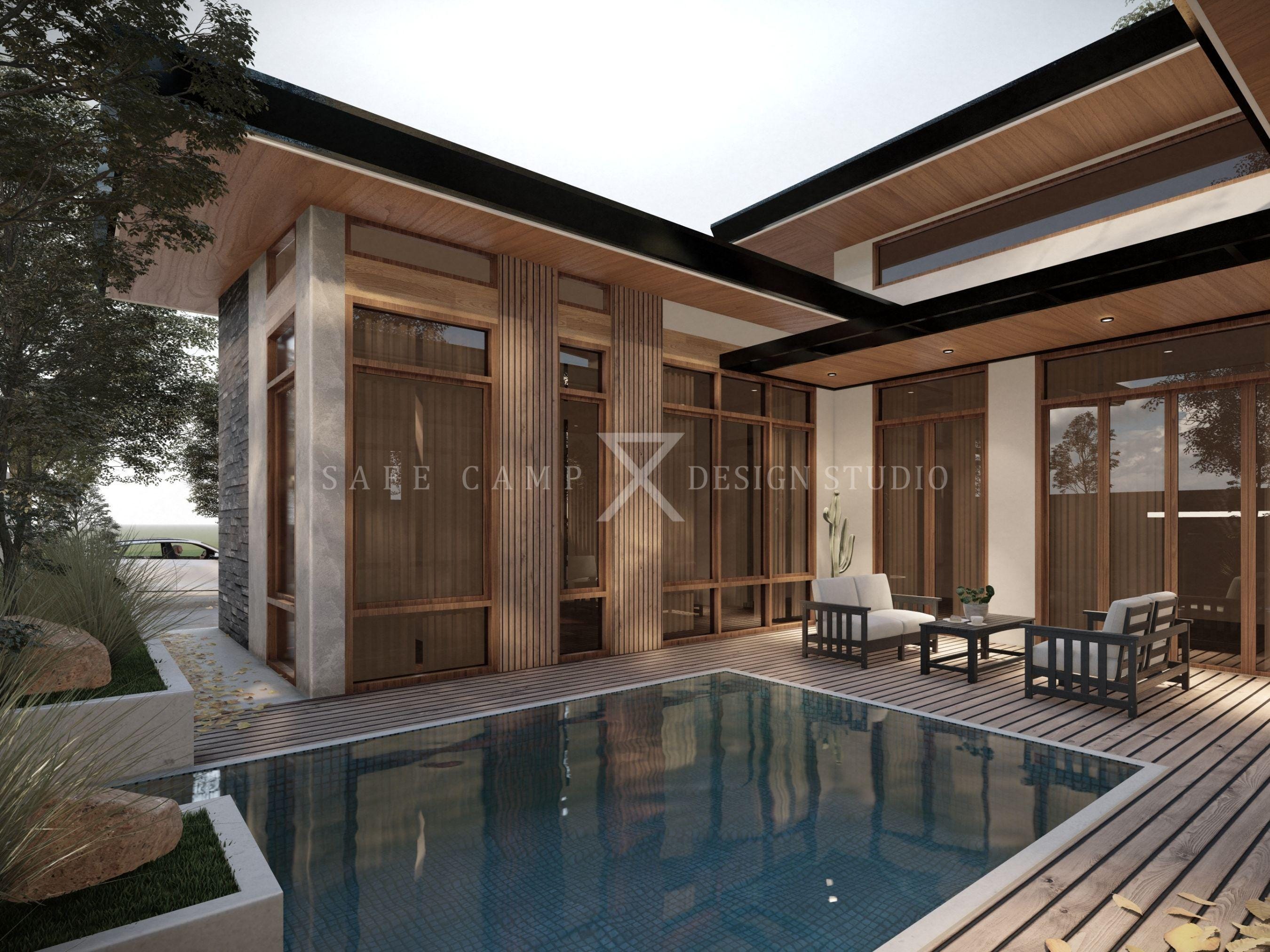 Two Bedroom Cabin Plan: Modern House With Pool & Deck (A3 PDF) - Etsy