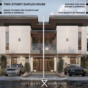 Duplexwoning met twee verdiepingen, architectonisch plan, 4 slaapkamers, balkon, keuken veranda, plattegrond modern huis 4780 m², A3-pdf 3DBuitenweergave