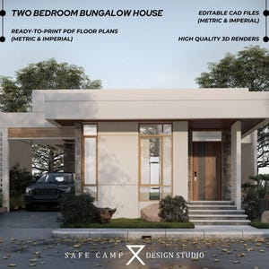 Bungalowhuis met twee slaapkamers, architectonisch plan, keuken, 2 badkamers, veranda, 1072 m². Open plattegrond modern huis, A3-pdf, 3D exterieurweergave.