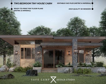 Two Bedroom Modern Cabin Plans, 700sqft Tiny House Floor Plan (A3 PDF)