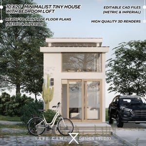10'x20' minimalistisch klein huis met slaapkamer loft architectonisch plan, keuken, badkamer, 200 m² moderne cabineplattegrond, A3-pdf 3D-exterieurrendering