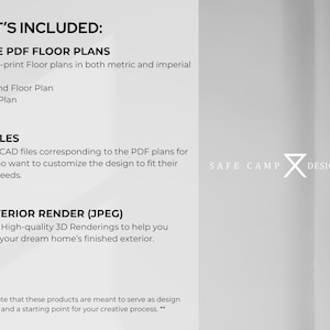 Op de afbeelding: Beschrijving van een digitaal product met de tekst "WHAT'S INCLUDED: A3 SIZE PDF FLOOR PLANS" en "CAD FILES". Het logo van Safe Camp Design Studio is ook zichtbaar.