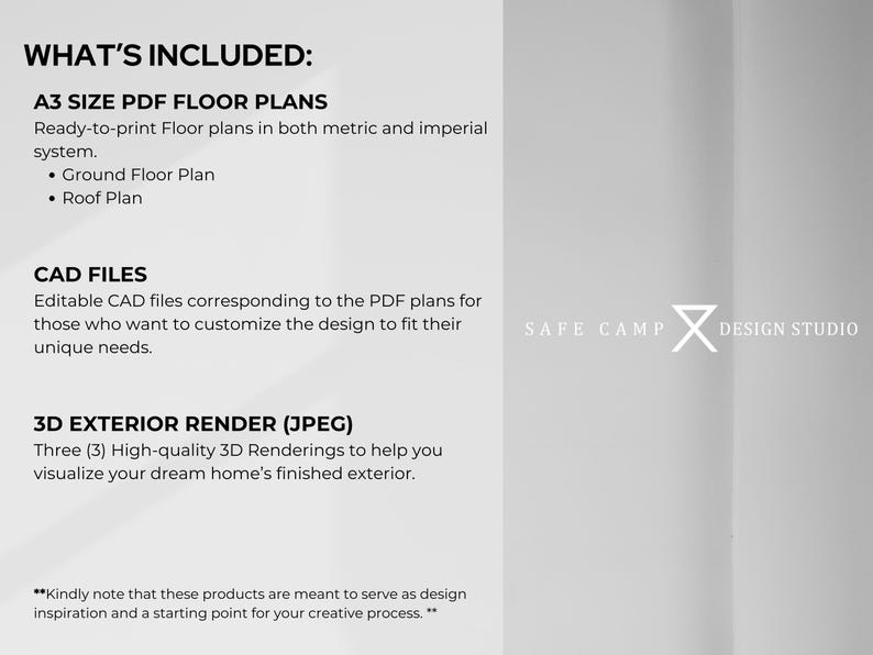 Op de afbeelding: Beschrijving van een digitaal product met de tekst "WHAT'S INCLUDED: A3 SIZE PDF FLOOR PLANS" en "CAD FILES". Het logo van Safe Camp Design Studio is ook zichtbaar.