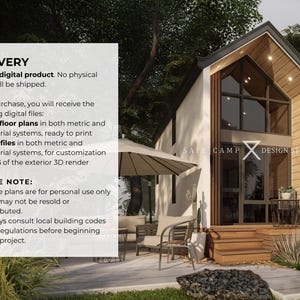 May include: A digital rendering of a modern tiny house design. The house features a large window, wooden accents, and a small porch. The image includes the text "SAFE CAMP DESIGN STUDIO".
