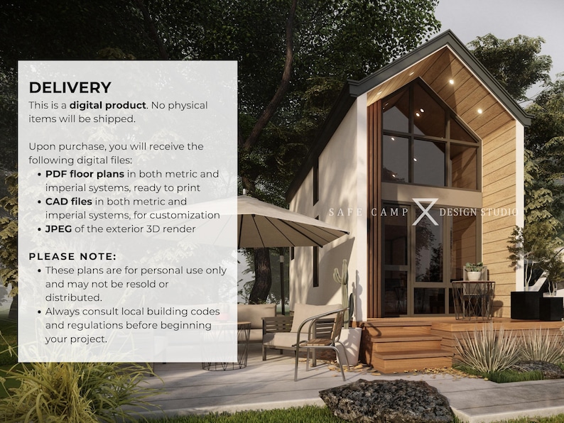 May include: A digital rendering of a modern tiny house design. The house features a large window, wooden accents, and a small porch. The image includes the text "SAFE CAMP DESIGN STUDIO".