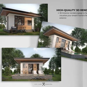 Op de afbeelding: Drie architectonische renderings van moderne huizen met platte daken en grote ramen. De afbeeldingen tonen exterieurontwerpen met landschapsarchitectuur, inclusief bomen en een zwembad. Tekst luidt "HIGH-QUALITY 3D RENDER" en "3D Exterior renders (jpeg) to help you visualize your dream home's finished exterior."