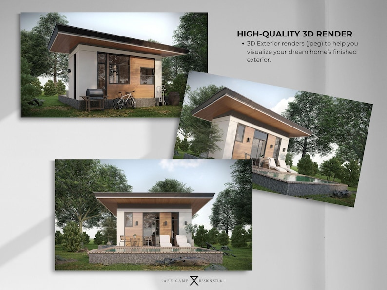 Op de afbeelding: Drie architectonische renderings van moderne huizen met platte daken en grote ramen. De afbeeldingen tonen exterieurontwerpen met landschapsarchitectuur, inclusief bomen en een zwembad. Tekst luidt "HIGH-QUALITY 3D RENDER" en "3D Exterior renders (jpeg) to help you visualize your dream home's finished exterior."