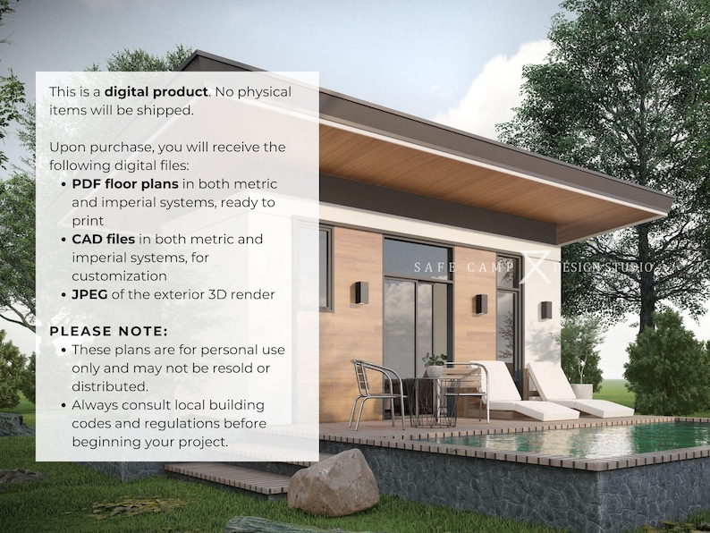 Architectonisch plan Tiny House met zwembad: moderne hut van 200 vierkante voet (A3-pdf) afbeelding 9