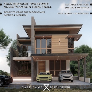 May include: A two-storey house plan featuring a four-bedroom layout with a family hall. The design includes ready-to-print PDF floor plans, editable CAD files in metric and imperial units, and high-quality 3D renders by Safe Camp Design Studio.