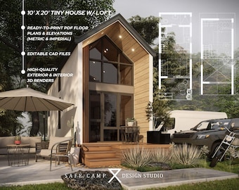 Könnte beinhalten: Eine digitale Darstellung eines Tiny House mit Loft, ca. 3,05 m x 6,1 m. Das Bild zeigt die Außenansicht mit modernem Design, großen Fenstern und einer kleinen Terrasse. Text enthält "Druckfertige PDF-Grundrisse & Ansichten (metrisch & imperial)".