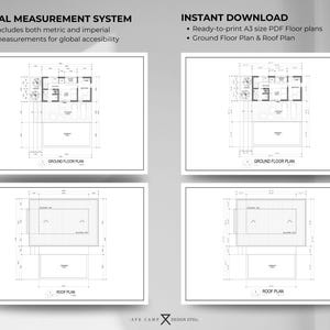 Op de afbeelding: Vier zwart-wit architectonische plattegronddiagrammen. De bovenste twee tonen een begane grondplan en de onderste twee tonen een dakplan. Tekst bovenaan luidt "DUAL MEASUREMENT SYSTEM" en "INSTANT DOWNLOAD". De plannen bevatten metrische en imperiale maten.