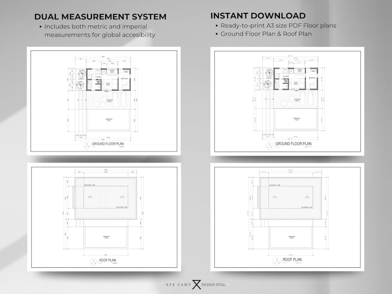 Op de afbeelding: Vier zwart-wit architectonische plattegronddiagrammen. De bovenste twee tonen een begane grondplan en de onderste twee tonen een dakplan. Tekst bovenaan luidt "DUAL MEASUREMENT SYSTEM" en "INSTANT DOWNLOAD". De plannen bevatten metrische en imperiale maten.