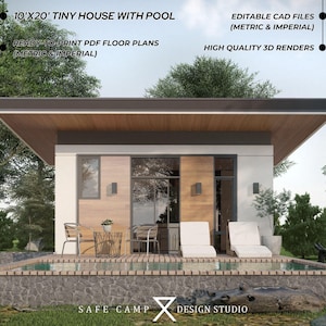 10'x20' Tiny House met zwembad, architectonisch plan, slaapkamer, badkamer, buitenterras, 200 m² moderne cabineplattegrond, A3-pdf 3D-exterieurrendering