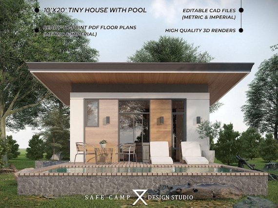 Tiny House Architectural Plan with Pool: 200 sq ft Modern Cabin (A3 PDF)