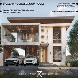 Progetto architettonico di una casa moderna con quattro camere da letto, 4 camere da letto, soggiorno, balcone, 255 m². Planimetria di una casa moderna, rendering esterno 3D in formato PDF A3.