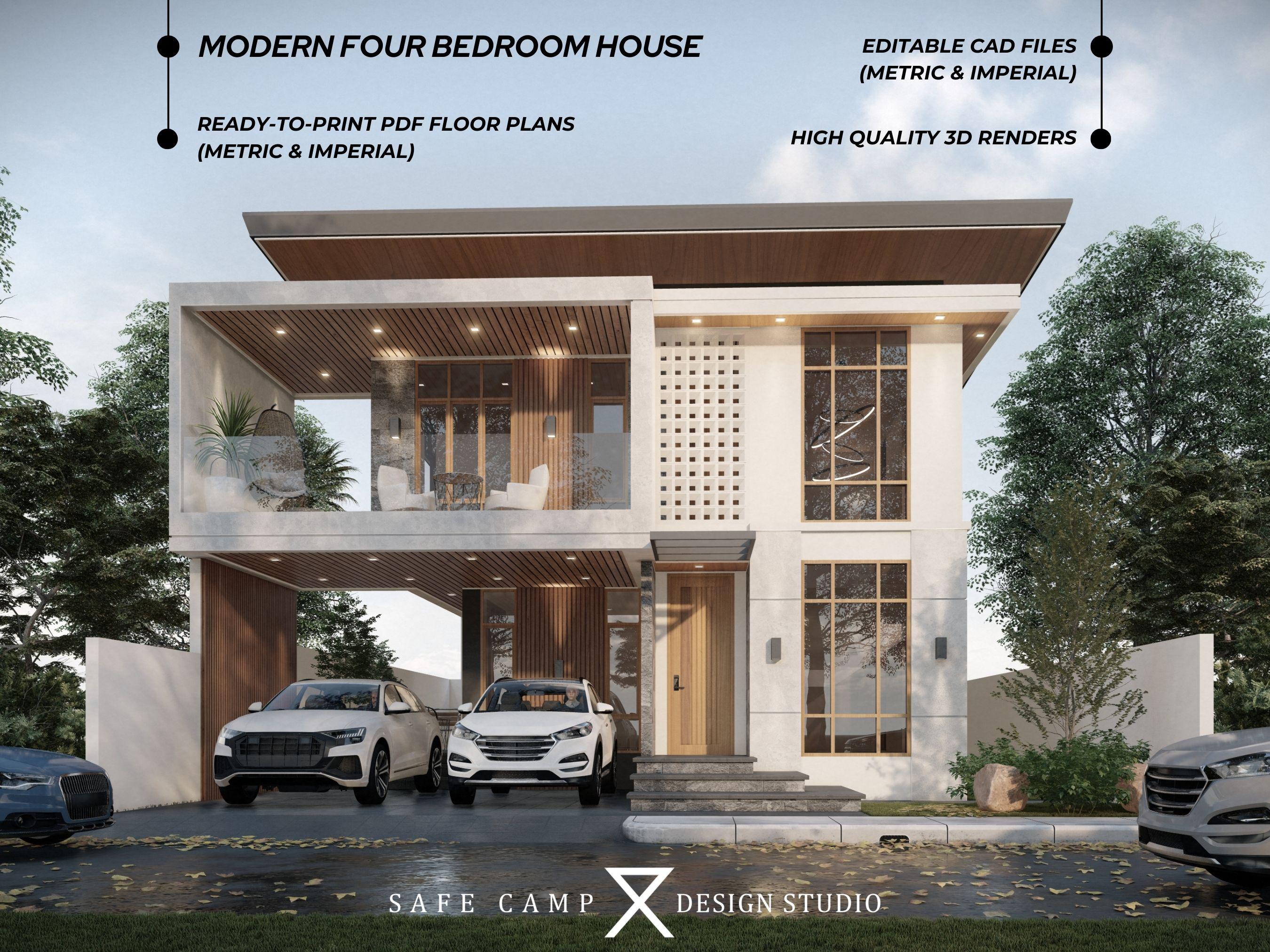 Modern Four Bedroom House Plan, 2766 Sqft, Balcony (A3 PDF) - Etsy, image size:2700x2025