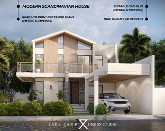 Plano arquitectónico de una casa moderna escandinava de cuatro dormitorios (PDF A3, archivos CAD, render 3D del exterior)