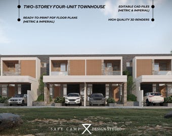 Two-Storey Four-Unit Townhouse Plan, 3 Bed 3 Bath, 1,743 Sqft (PDF & CAD)