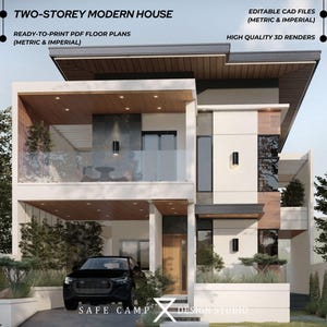 Modern huis met twee verdiepingen, architectonische plattegronden, 3 slaapkamers, open eronder, balkon, 2930 m². Plattegrond modern huis, A3-pdf 3D exterieurweergave