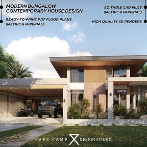 Könnte beinhalten: Ein modernes Bungalow-Hausdesign mit Flachdach, Ziegel- und Betonfassade sowie Carport. Der Text lautet: MODERN BUNGALOW CONTEMPORARY HOUSE DESIGN, READY-TO-PRINT PDF FLOOR PLANS (METRIC & IMPERIAL), EDITABLE CAD FILES, HIGH QUALITY 3D RENDERS.
